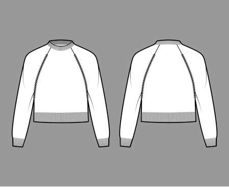 Cropped Fisherman Sweater technical fashion illustration with rib crewneck, long raglan sleeves, relax body, knit trim. Flat jumper apparel front, back, white color style. Women men unisex CAD mockupのイラスト素材