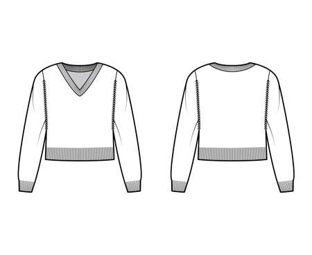 V-neck cropped Sweater technical fashion illustration with long sleeves, relax fit, waist length, knit rib trim. Flat jumper apparel front, back, white color style. Women, men unisex CAD mockupのイラスト素材