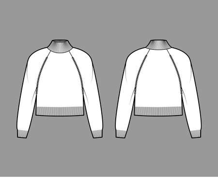 Turtleneck cropped Sweater technical fashion illustration with long raglan sleeves, relax body, waist length, knit trim. Flat jumper apparel front, back white color style. Women men unisex CAD mockupのイラスト素材