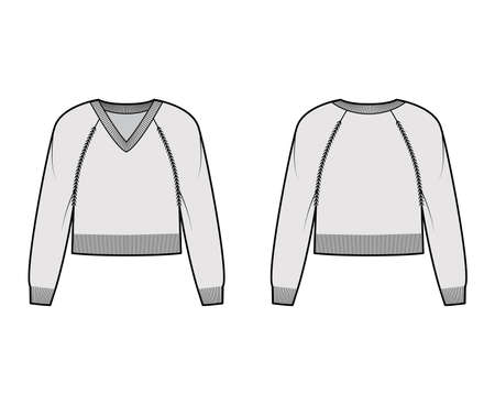 V-neck Sweater cropped technical fashion illustration with long raglan sleeves, relax fit, waist length, knit rib trim. Flat jumper apparel front, back, grey color style. Women, men unisex CAD mockupのイラスト素材