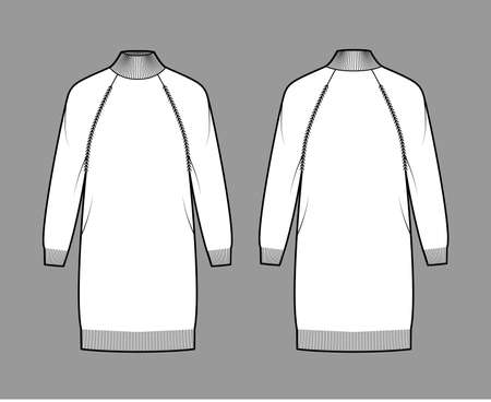 Dress Turtleneck Sweater technical fashion illustration with long raglan sleeves, oversized body, knee length, knit trim. Flat jumper apparel front, back white color style. Women men unisex CAD mockupのイラスト素材