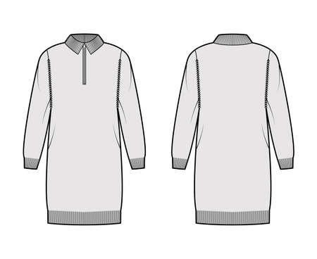 Zip-up dress Sweater technical fashion illustration with rib henley neck, classic collar, long sleeves, oversized, hip length, knit trim. Flat apparel front, back, grey color. Women, men unisex mockupのイラスト素材