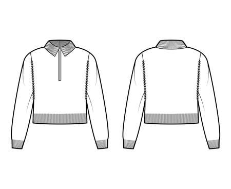 Cropped Zip-up Sweater technical fashion illustration with rib henley neck, classic collar, long raglan sleeves, knit trim. Flat apparel front, back, white color style. Women, men unisex CAD mockupのイラスト素材