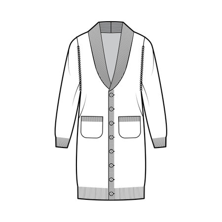 Cardigan dress Shawl collar Sweater technical fashion illustration with long sleeves, oversized body, knee length, knit rib trim. Flat apparel front, white color style. Women men unisex CAD mockupのイラスト素材