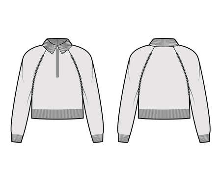 Zip-up cropped Sweater technical fashion illustration with rib henley neck, classic collar, long raglan sleeves, knit trim. Flat apparel front, back, grey color style. Women, men unisex CAD mockupのイラスト素材