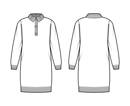 Dress Polo Sweater technical fashion illustration with rib classic collar, long sleeves, relax fit, knee length, knit trim. Flat garment apparel front, back, white color style. Women, men CAD mockupのイラスト素材
