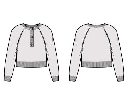 Sweater henley neck cropped technical fashion illustration with long raglan sleeves, waist length, rib knit trim. Flat jumper garment apparel front, back grey color style. Women, men unisex CAD mockupのイラスト素材