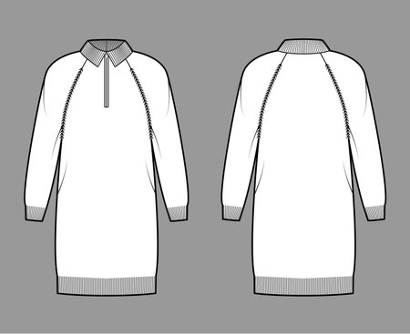 Dress Zip-up Sweater technical fashion illustration with rib henley neck, classic collar, long raglan sleeves, relax body, knee length, knit trim. Flat front, back, white color. Women, men CAD mockupのイラスト素材