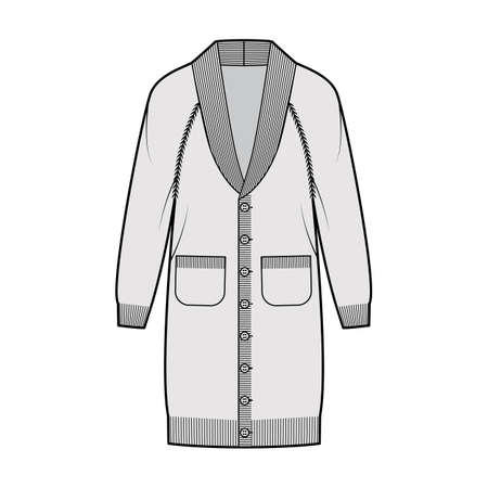 Cardigan dress Shawl collar Sweater technical fashion illustration with long raglan sleeves, oversized, knee length, button closure. Flat apparel front, grey color style. Women men unisex CAD mockupのイラスト素材