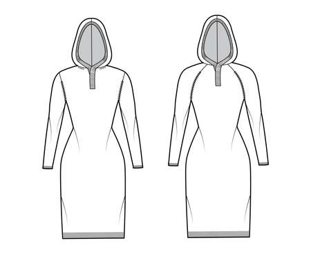 Set of Hooded dresses Sweaters technical fashion illustration with henley neck, long raglan sleeves, slim fit, knee length, knit rib trim. Flat apparel front, back, white color. Women, men CAD mockupのイラスト素材
