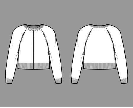 Zip-up cropped cardigan Sweater technical fashion illustration with rib crew neck, long raglan sleeves, knit trim. Flat jumper apparel front, back, white color style. Women men unisex CAD mockupのイラスト素材