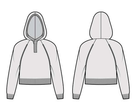 Cropped Hooded Sweater technical fashion illustration with rib neck, raglan sleeves, relax fit, waist length, knit trim. Flat jumper apparel front, back, grey color style. Women, men unisex CAD mockupのイラスト素材