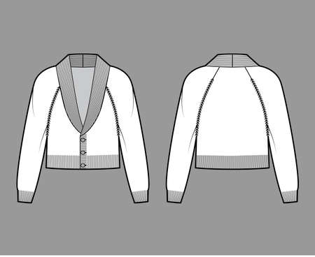 Cropped Cardigan Shawl collar Sweater technical fashion illustration with long raglan sleeves, relax body, waist length, knit rib trim. Flat front, back, white color style. Women men unisex CAD mockupのイラスト素材