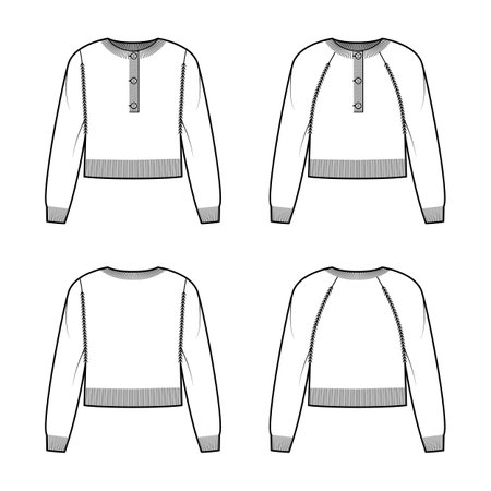 Set of Polo cropped Sweaters technical fashion illustration with rib henley neck, classic collar, long raglan sleeves, knit trim. Flat apparel front, back, white color style. Women, men CAD mockupのイラスト素材