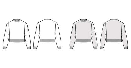 Fisherman cropped Sweater technical fashion illustration with rib crewneck, relax body, waist length, knit trim. Flat jumper apparel front, back, white grey color style. Women men unisex CAD mockupのイラスト素材