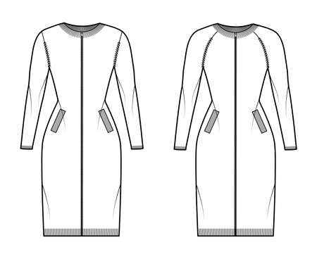 Set of Zip-up dress cardigans Sweater technical fashion illustration with rib crew neck, fitted body, knit trim, pockets. Flat jumper apparel front, back, white color. Women, men unisex CAD mockupのイラスト素材
