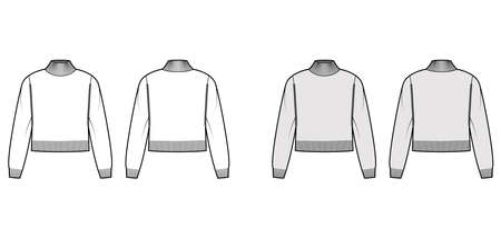 Turtleneck Sweater cropped technical fashion illustration with long sleeves, relax body, waist length, knit trim. Flat jumper apparel front, back white, grey color style. Women men unisex CAD mockupのイラスト素材