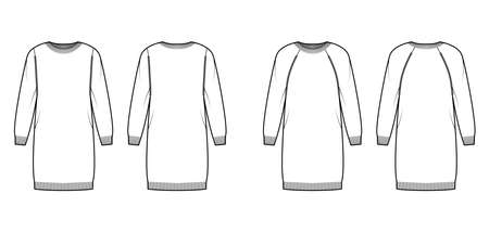Set of crew neck dress Sweater technical fashion illustration with long raglan sleeves, oversized fit, knee length. Flat jumper apparel front, back, white color style. Women, men unisex CAD mockupのイラスト素材