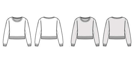 Round neck cropped Sweater technical fashion illustration with long sleeves, waist length, knit rib trim. Flat jumper apparel front, back, white, grey color style. Women men unisex CAD mockupのイラスト素材