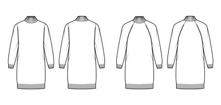 Set of dress Turtleneck Sweaters technical fashion illustration with long raglan sleeves, relax body, knee length, knit trim. Flat jumper apparel front, back white color. Women men unisex CAD mockupのイラスト素材