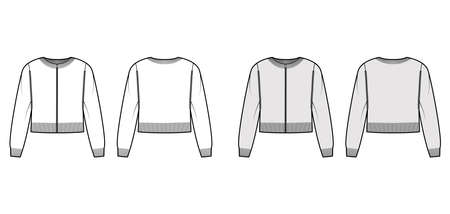 Zip-up cardigan cropped Sweater technical fashion illustration with rib crew neck, long sleeves, knit trim, oversized. Flat jumper apparel front, back, white grey color. Women men unisex CAD mockupのイラスト素材