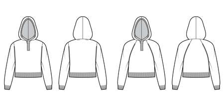 Set of Hooded Sweaters cropped technical fashion illustration with henley neck, long raglan sleeves, oversized fit, knit rib trim. Flat apparel front, back, white color. Women, men unisex CAD mockupのイラスト素材