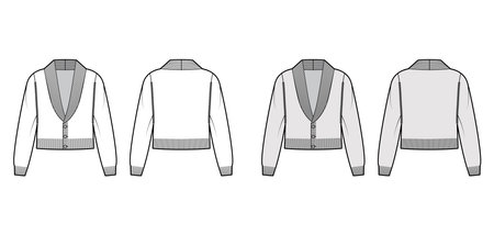 Cardigan cropped Shawl collar Sweater technical fashion illustration with long sleeves, relax body, waist length, closure. Flat apparel front, back, white grey color style. Women men unisex CAD mockupのイラスト素材