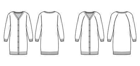 Set of dress Cardigans Sweater technical fashion illustration with rib V- neck, long raglan sleeves, button closure, relax fit, knit trim. Flat apparel front, back, white color. Women, men CAD mockupのイラスト素材