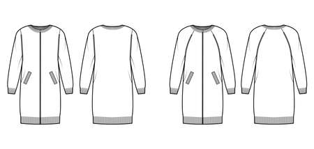 Set of Zip-up dress cardigans Sweater technical fashion illustration with rib crew neck, oversized body, knit trim, pockets. Flat jumper apparel front, back, white color. Women, men unisex CAD mockupのイラスト素材
