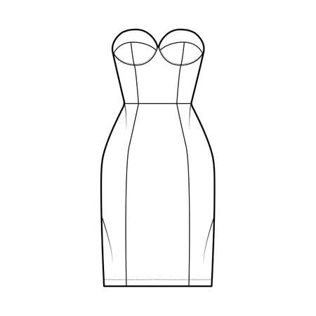 Tube dress technical fashion illustration with bustier, strapless, fitted body, knee length skirt. Flat garment apparel front, white color style. Women, men unisex CAD mockupのイラスト素材