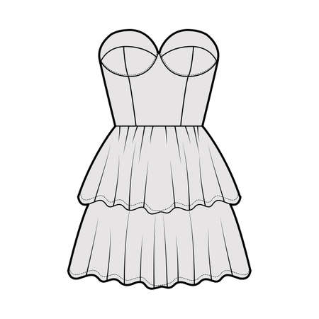 Strapless dress bustier technical fashion illustration with sleeveless, fitted body, 2 row mini length ruffle tiered skirt. Flat apparel front, grey color style. Women, men unisex CAD mockupのイラスト素材