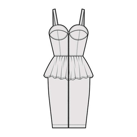 Zip-up peplum bustier dress technical fashion illustration with sleeveless, cups, fitted body, knee length skirt. Flat apparel garment front, grey color style. Women, men unisex CAD mockupのイラスト素材
