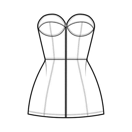 Zip-up tube dress technical fashion illustration with bustier, strapless, fitted body, mini length skirt. Flat garment apparel front, white color style. Women, men unisex CAD mockupのイラスト素材