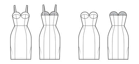 Set of dresses tube technical fashion illustration with sleeveless, strapless, fitted body, knee length skirt. Flat garment apparel front, back, white color style. Women, men unisex CAD mockupのイラスト素材