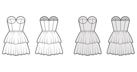 Strapless dress bustier technical fashion illustration with sleeveless, fitted body, 2 row mini length ruffle tiered skirt. Flat apparel front, back, white grey color style. Women, unisex CAD mockupのイラスト素材