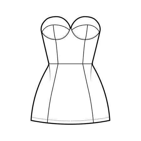 Tube dress technical fashion illustration with bustier, sleeveless, strapless, fitted body, mini length skirt. Flat garment apparel front, white color style. Women, men unisex CAD mockupのイラスト素材