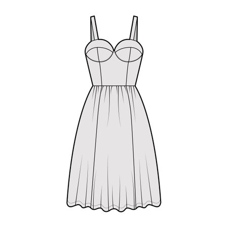 Flared dress technical fashion illustration with bustier, sleeveless, fitted body, knee length ruffle skirt. Flat apparel front, grey color style. Women, men unisex CAD mockupのイラスト素材