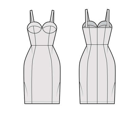 Zip-up tube dress technical fashion illustration with bustier, sleeveless, shoulder straps, fitted body, knee length skirt. Flat garment apparel front, back, grey color style. Women, men CAD mockupのイラスト素材