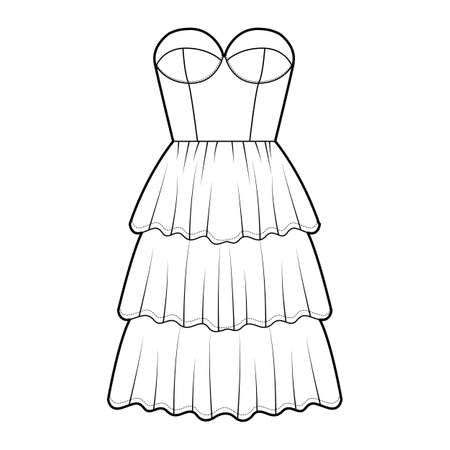 Strapless dress bustier technical fashion illustration with fitted body, 3 row knee length ruffle tiered skirt. Flat garment apparel front, white color style. Women, men, unisex CAD mockupのイラスト素材