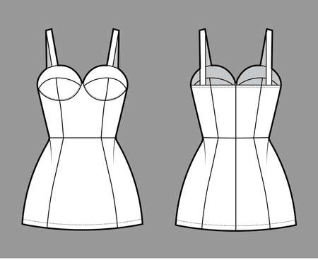 Tube dress technical fashion illustration with bustier, sleeveless, fitted body, mini length skirt. Flat garment apparel front, back, white color style. Women, men unisex CAD mockupのイラスト素材