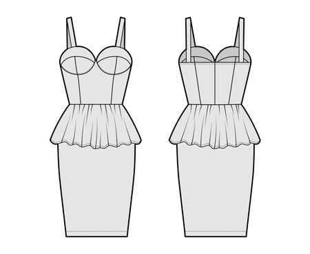 Peplum bustier dress technical fashion illustration with shoulder straps, cups, fitted body, knee length skirt. Flat apparel garment front, back, grey color style. Women, men unisex CAD mockupのイラスト素材