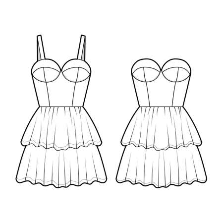 Set of dresses bustier technical fashion illustration with sleeveless, strapless, fitted body, mini length ruffle tiered skirt. Flat apparel front, white color style. Women, men unisex CAD mockupのイラスト素材