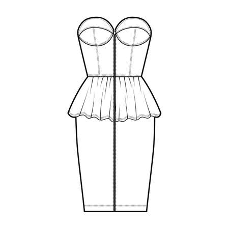 Zip-up peplum bustier dress technical fashion illustration with strapless, cups, fitted body, knee length skirt. Flat apparel front, white color style. Women, men unisex CAD mockupのイラスト素材