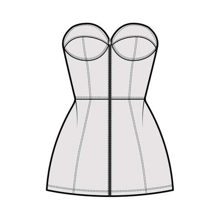 Zip-up tube dress technical fashion illustration with bustier, strapless, fitted body, mini length skirt. Flat garment apparel front, grey color style. Women, men unisex CAD mockupのイラスト素材
