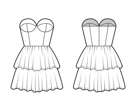 Strapless dress bustier technical fashion illustration with sleeveless, fitted body, 2 row mini length ruffle tiered skirt. Flat apparel front, back, white color style. Women, men unisex CAD mockupのイラスト素材