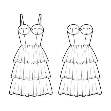Set of dresses bustier technical fashion illustration with sleeveless, strapless, fitted body, knee length ruffle tiered skirt. Flat apparel front, white color style. Women, men unisex CAD mockupのイラスト素材