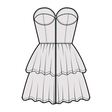 Zip-up bustier dress technical fashion illustration with strapless, fitted body, 2 row mini length ruffle tiered skirt. Flat apparel front, grey color style. Women, men unisex CAD mockupのイラスト素材
