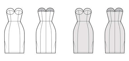 Tube dress technical fashion illustration with bustier, strapless, fitted body, knee length skirt. Flat garment apparel front, back, white grey color style. Women, men unisex CAD mockupのイラスト素材