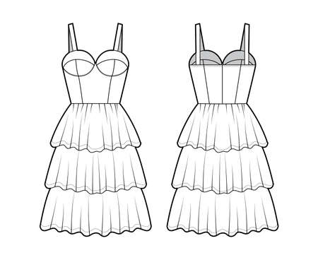 Bustier dress technical fashion illustration with sleeveless, cups, fitted body, 3 row knee length ruffle tiered skirt. Flat apparel front, back, white color style. Women, men unisex CAD mockupのイラスト素材