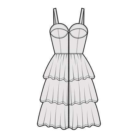 Zip-up bustier dress technical fashion illustration with sleeveless, fitted body, 3 row knee length ruffle tiered skirt. Flat apparel front, grey color style. Women, men unisex CAD mockupのイラスト素材